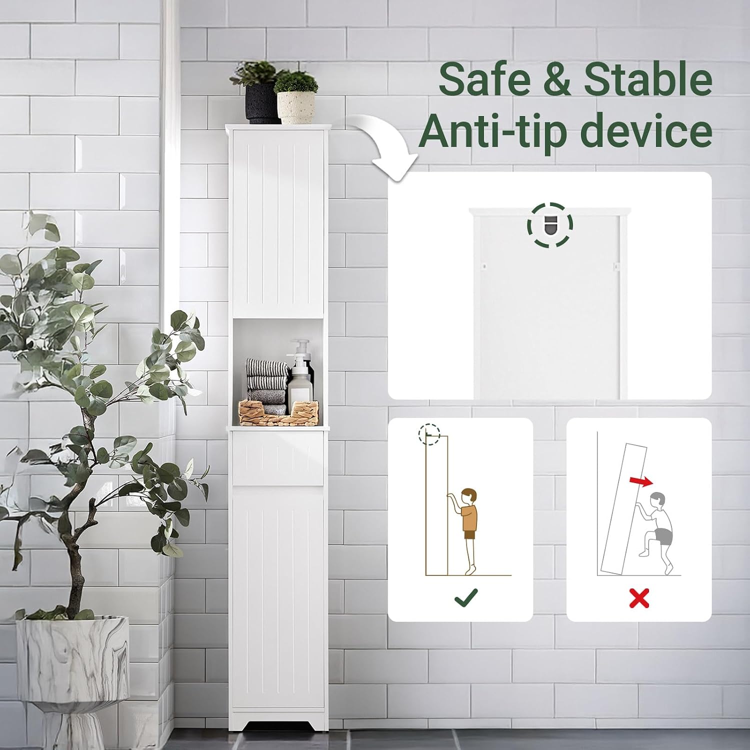 SoBuy Narrow Bathroom Storage Cabinet, Tall Slim Bathroom Organizers and Storage for Small Spaces, Freestanding Skinny Cabinet with Doors and Shelves for Tight Corners, White BZR109-W