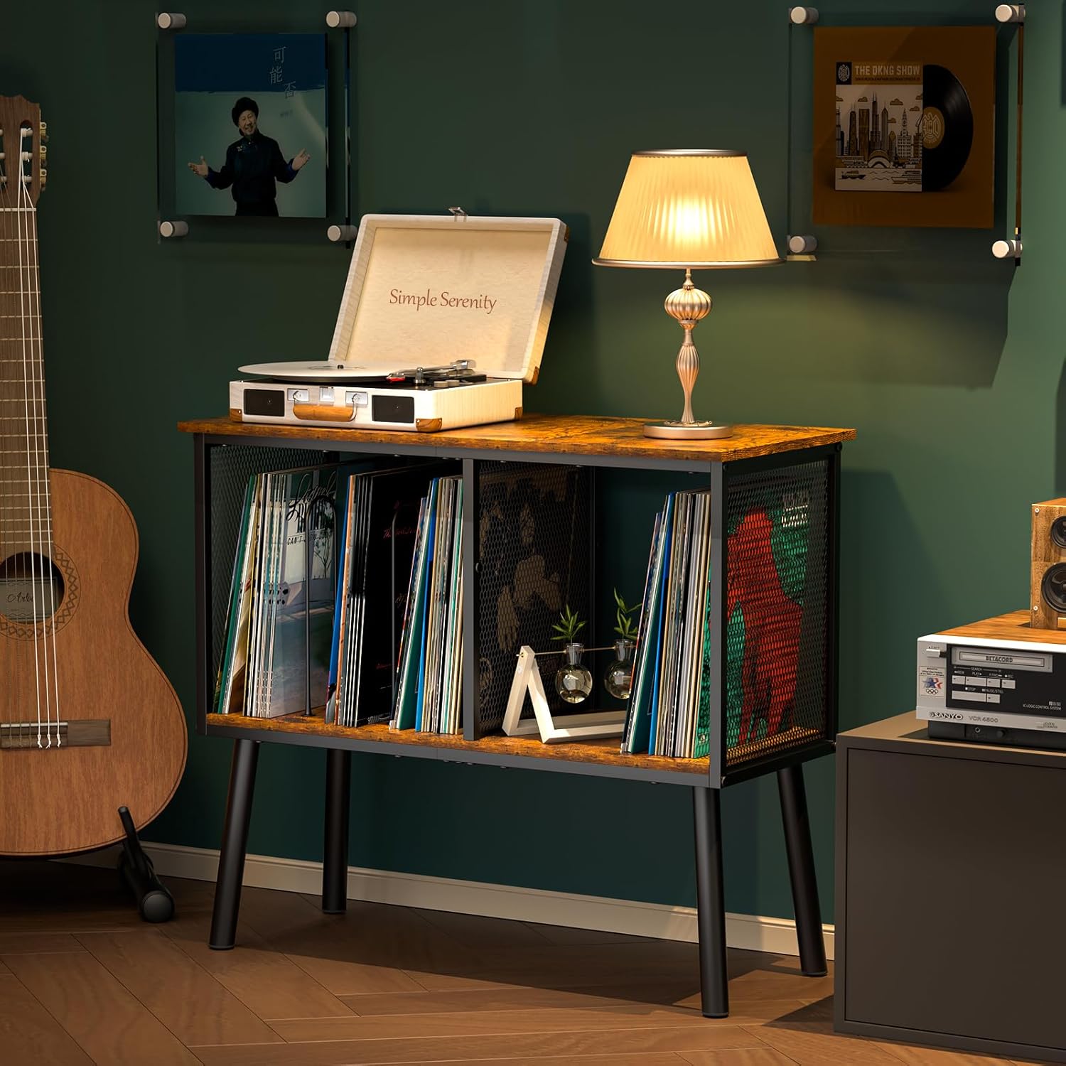 Record Player Stand with Adjustable Divider Vinyl Storage Holder Up to 200 Albums Mid-Century Large Record Player Table Vinyl Holder Turntable Stand End Table for Bedroom & Living Room, Patent Pending