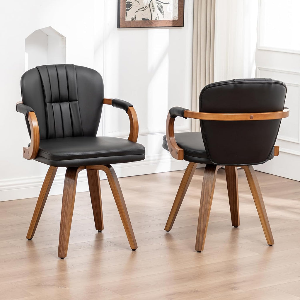 Swivel Dining Chairs Set of 2 Mid Century Modern Black Faux Leather Upholstered Kitchen Chairs with Bentwood Frame Armrests Side Chairs,Comfortable Ergonomic Wood Accent Chair No Wheels