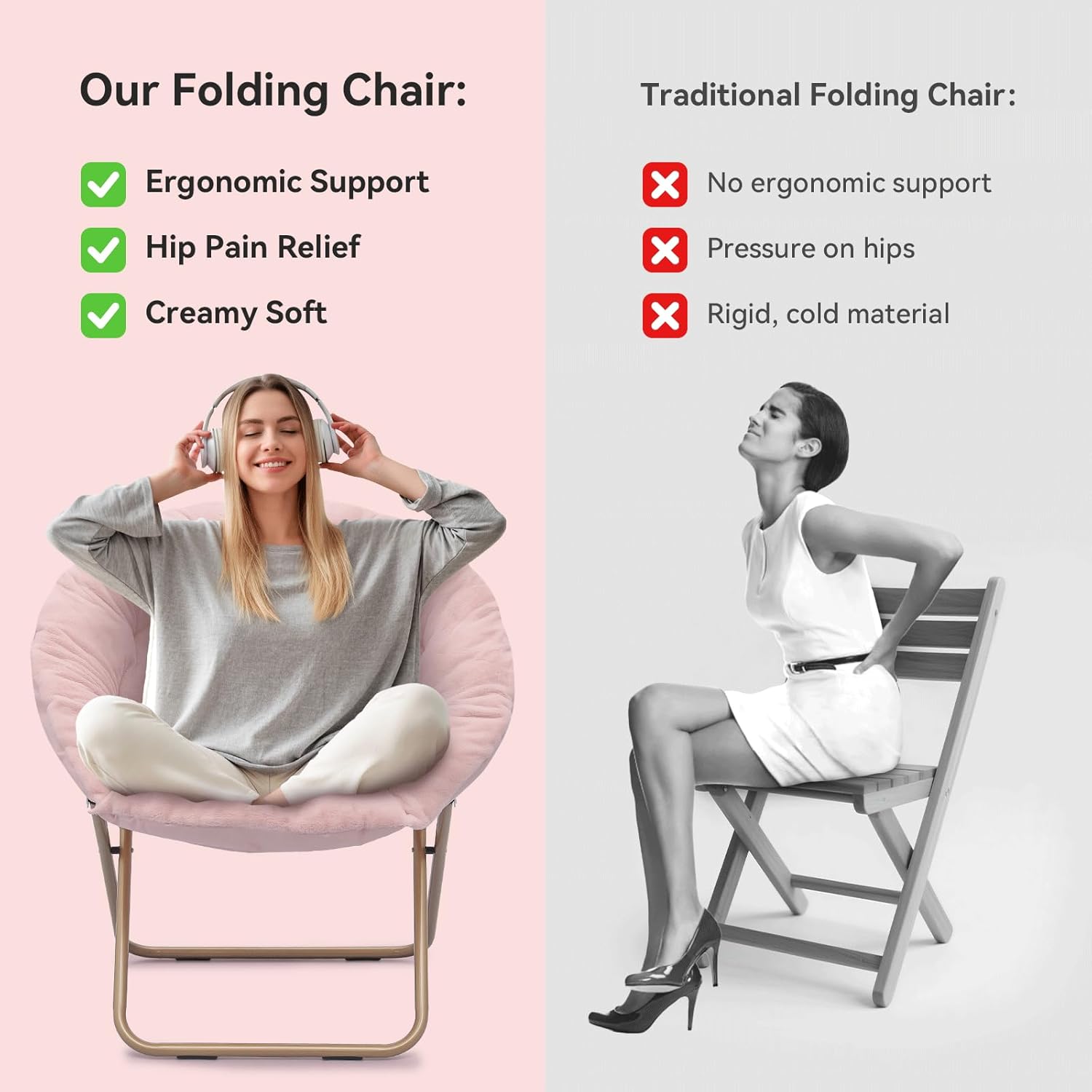 Magshion Saucer Chair for Adults, Comfy Living Room Lounge Chair for Bedroom Corner, Dorm, Apartment, Faux Fur Fluffy Circle Accent Seat with Thick Padded & Folding Metal Frame (Pink)