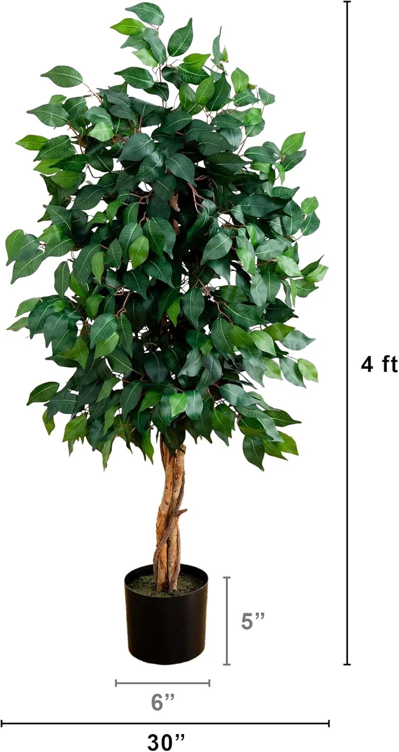 Nearly Natural 4ft Triple Trunk Ficus Silk Tree with Natural Wood Trunks and Dense Foliage, Mid-Size Faux Floor Plant for Home and Office