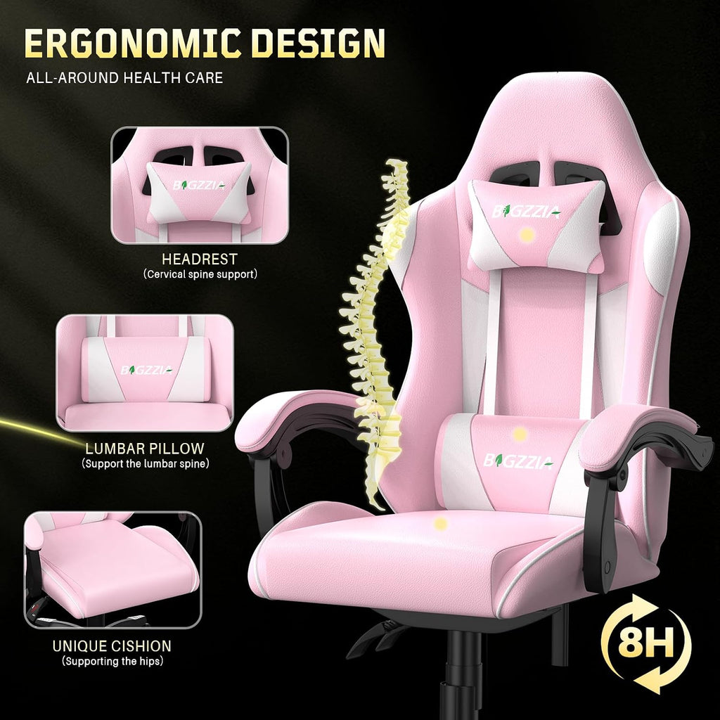 Bigzzia Gaming Chair, Ergonomic Video Game Chairs with Pillow and Lumbar Support, Racing Style Height Adjustable Computer Chair with 360°-Swivel Seat for Adults and Teens (Pink)