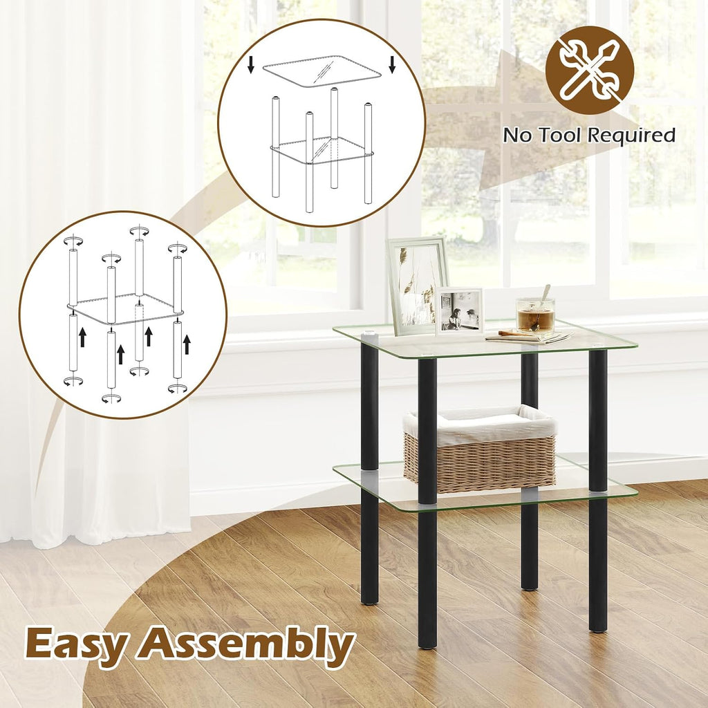 Giantex Square End Table, 2-Tier Sofa Side Table with Clear Tempered Glass Top & Shelf, Small Accent Table with Solid Rubber Wood Legs for Living Room Bedroom Home Office (Black & Clear)
