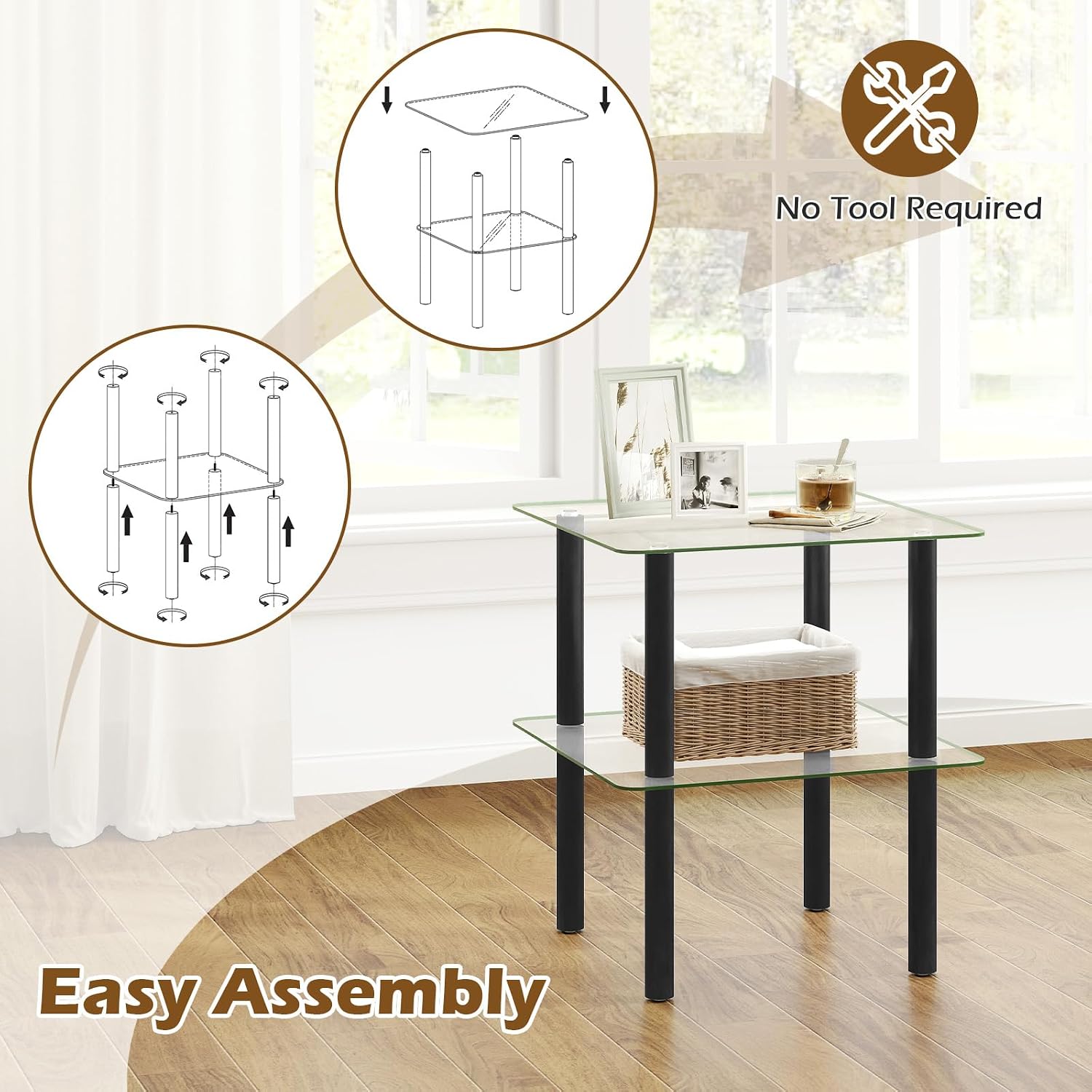 Giantex Square End Table, 2-Tier Sofa Side Table with Clear Tempered Glass Top & Shelf, Small Accent Table with Solid Rubber Wood Legs for Living Room Bedroom Home Office (Black & Clear)