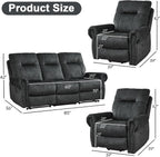EBELLO 3 Pieces Reclining Couch Furniture Set for Living Room, Double 1 Seat Power Recliner Chair with Massage and Heat, a 3 Seater Manual Sofa, Vintage Rivet Mid-Century Design, Grey