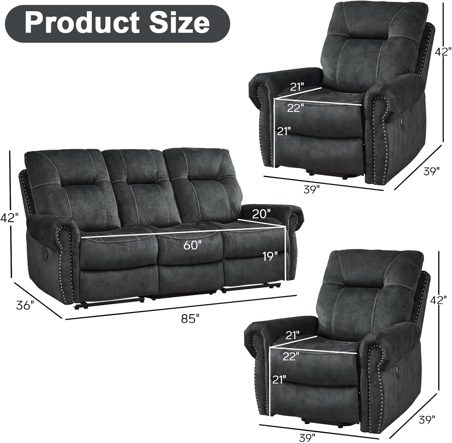 EBELLO 3 Pieces Reclining Couch Furniture Set for Living Room, Double 1 Seat Power Recliner Chair with Massage and Heat, a 3 Seater Manual Sofa, Vintage Rivet Mid-Century Design, Grey