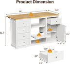 RoyalCraft 59'' Kitchen Island with Storage and Drop Leaf, Kitchen Island Table, Coffee Station Cabinet with Solid Rubber Wood Top, Pull-Out Trays, Drawers, Adjustable Shelves, Power Outlet, White