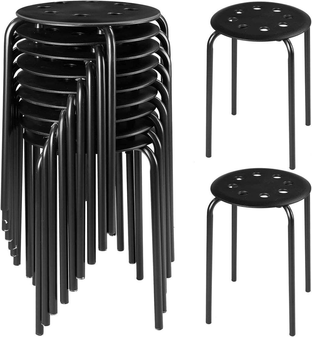 Tuanse 10 Pcs Stacking Stools Set with Metal Frame 17.72'' Portable Stackable Plastic Backless Stool with Round Top for Adult Office Home Kitchen(Black)