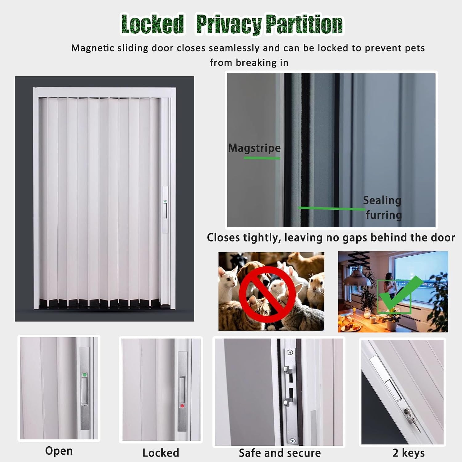 Magnetic Bifold Door, 210cm Aluminum Folding Door with Lock, Collapsible Privacy Partition for Bathroom Office Bedroom Kitchen (115x210cm)