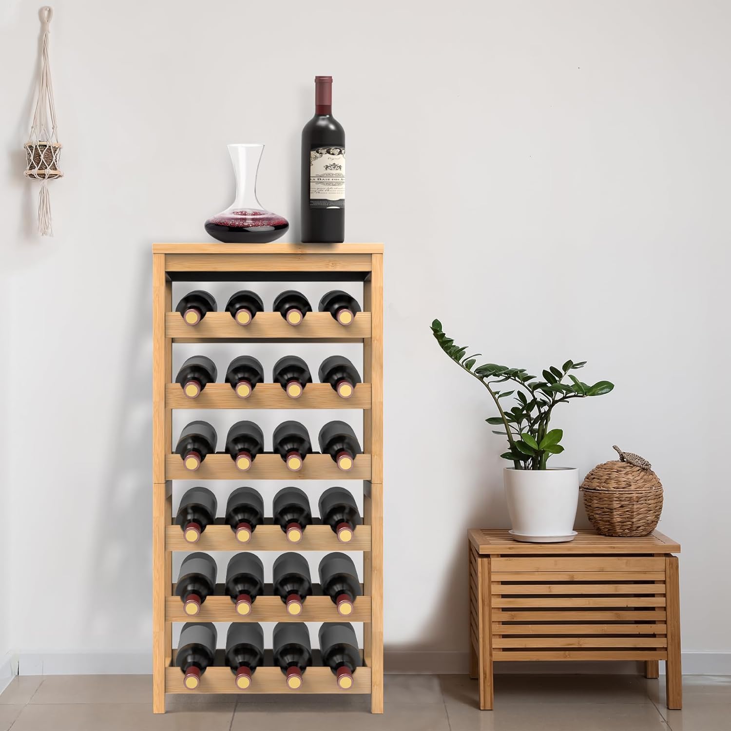 Wine Rack Free Standing Floor,6 Tier 24 Bottles Floor Wine Storage Shelves | Bamboo Wine Rack with Table Top,Wine Organizer Shelf for Kitchen Dining Room Bar,Easy-Assembly