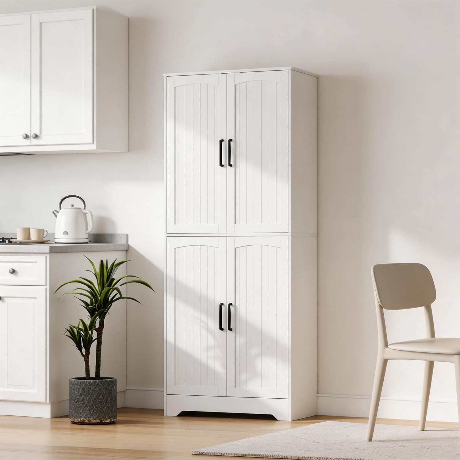 Farmhouse Pantry Cabinet, 71" Tall Wood Kitchen Storage Cabinet with 4 Doors & Adjustable Shelves, Large Freestanding Food Pantry Cupboard with Anti-Tip Kit for Kitchen, Dining Room, Living Room
