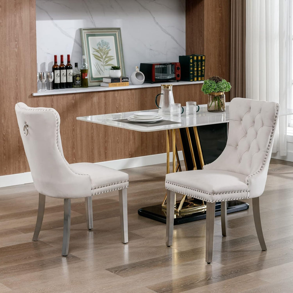 Modern 5 Piece Glass Dining Table Set, 47.2" Round Dining Table Set for 4, Glass Dining Room Kitchen Table with X-Shape Silver Metal Leg & 4pcs Beige Dining Chairs, Modern Circle Glass Dining Set