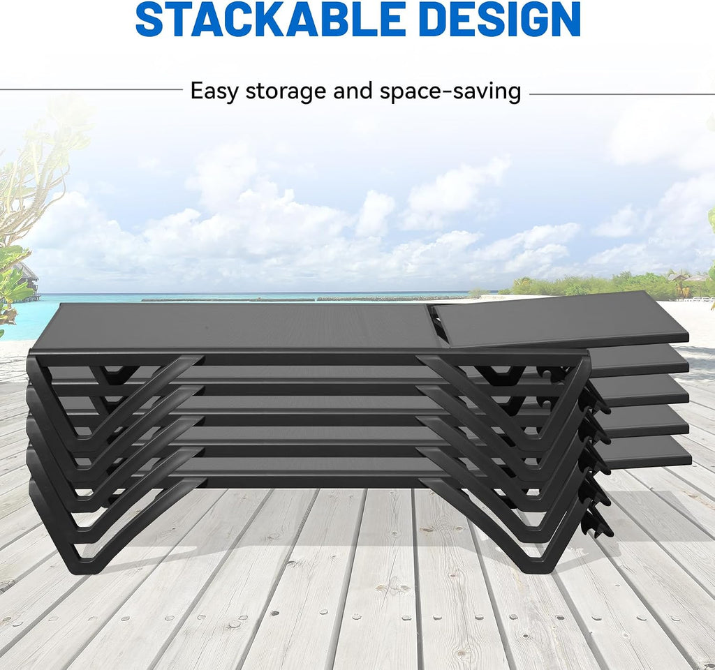 Outdoor Lounge Chairs Set of 2, Aluminum Pool Lounge Chairs with 5 Adjustable Backrest and Side Table, Full Flat Patio Lounge Chair for Sunbathing & Tanning, Poolside, Patio, Beach -Dark Grey
