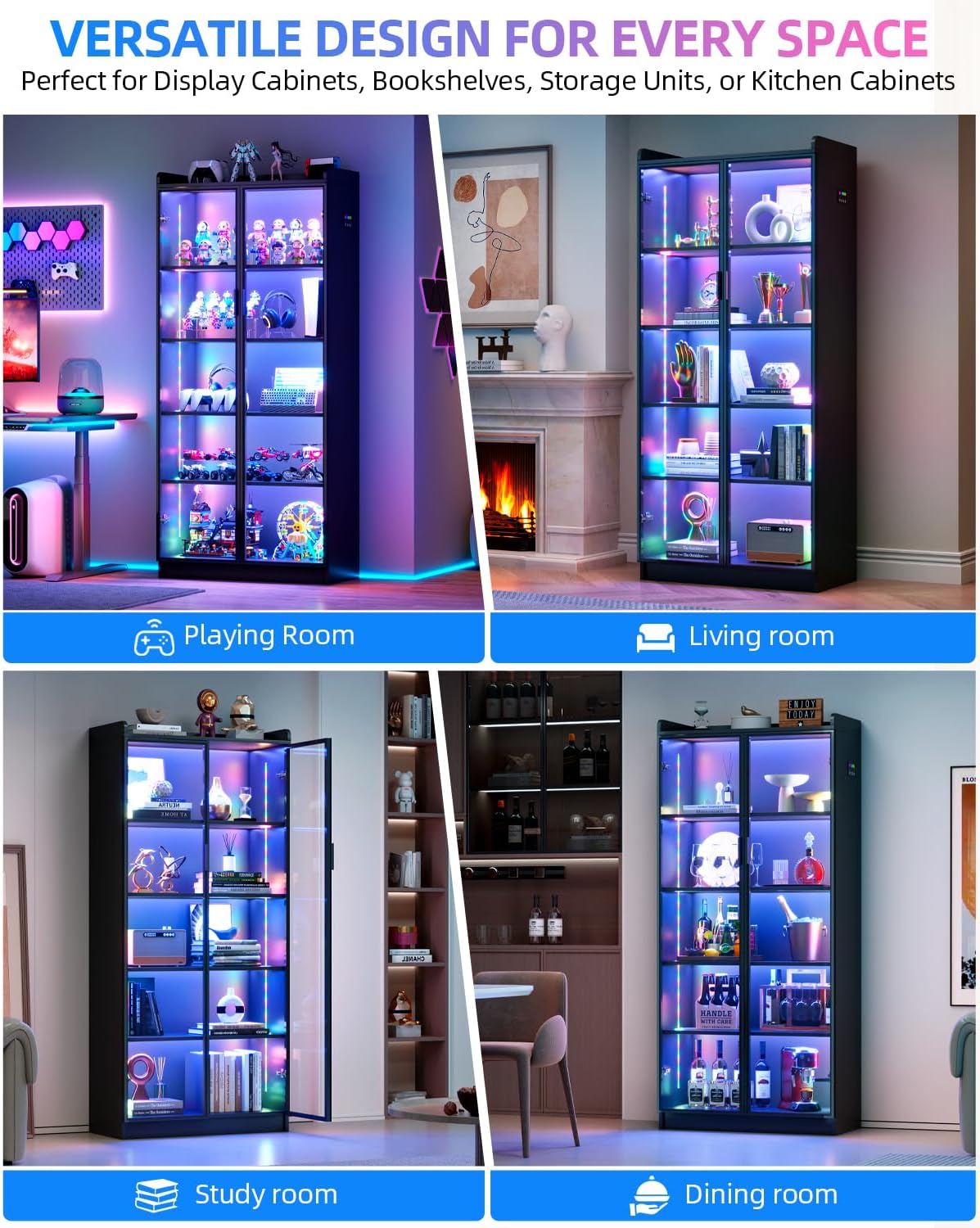 Dystler 65" Display Cabinet with Glass Doors, 5-Tier Curio Cabinet with Motion Sensor RGB Lights, Modern Display Case with Adjustable Shelves for Collectibles, Figures, Books, Black