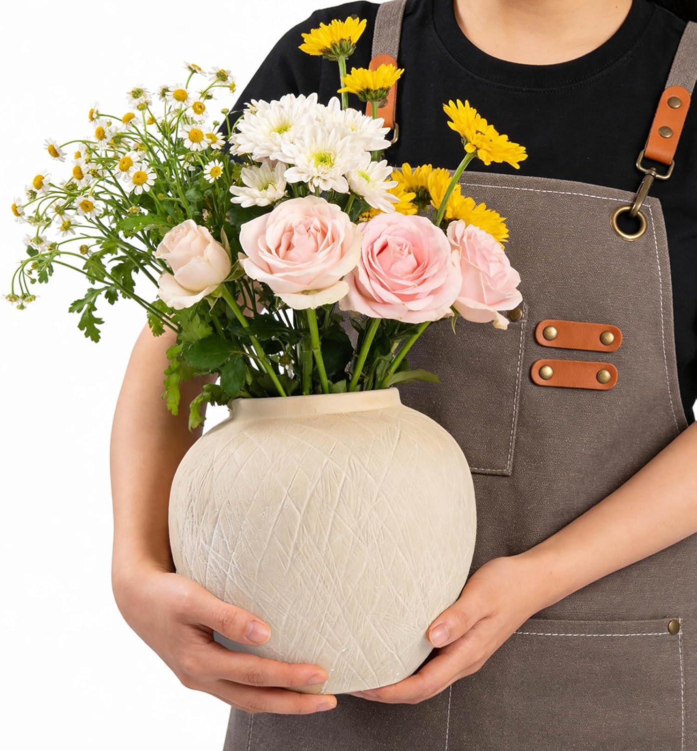 Large Carved Rustic Farmhouse Vase Home Decor - 8.8 in Ceramic Boho Decorative Vase for Decor, Round Clay Beige Terracotta Bowl vase for Living Room, Table, Shelf, Centerpieces