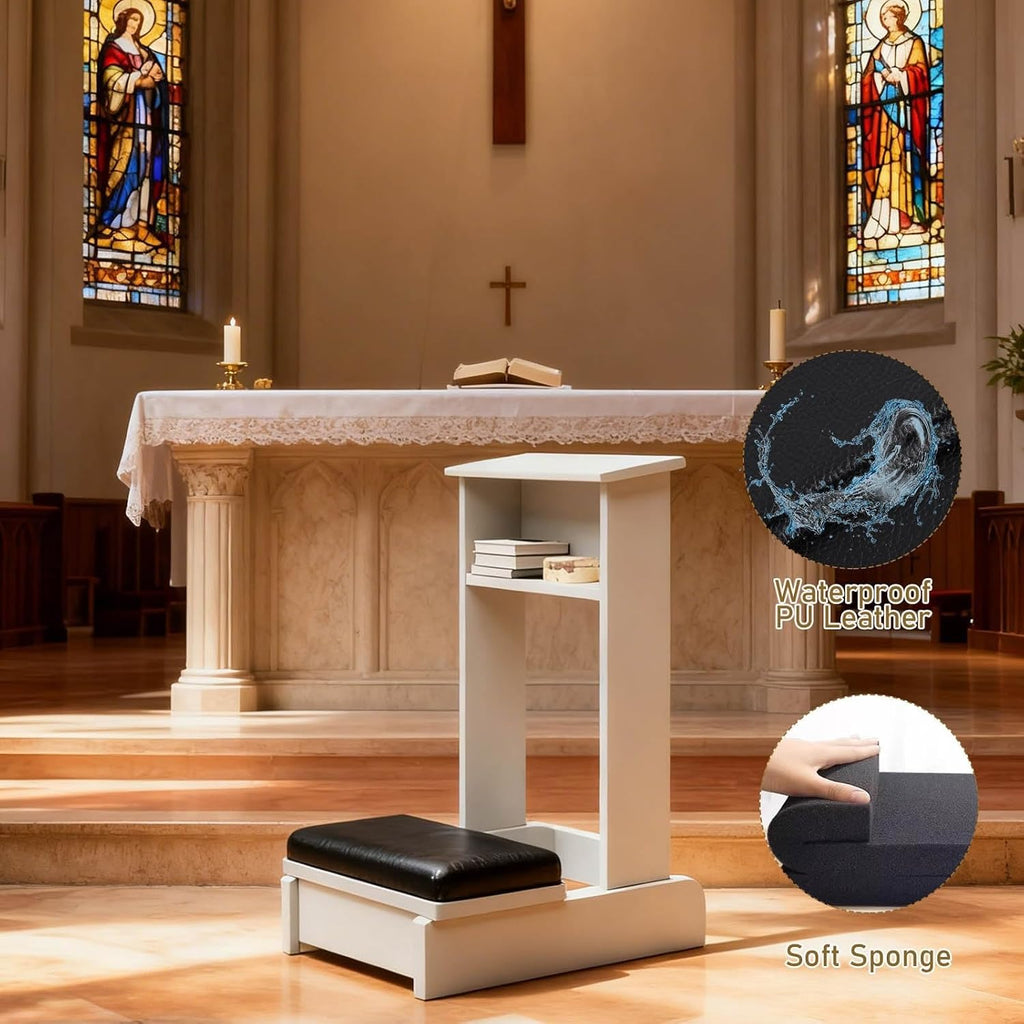 Wooden Prayer Kneeler Church Pulpit Kneeling Chair with Book Stand, Prayer Bench with Lectern Shelf for Bible Reading and Worship(White)