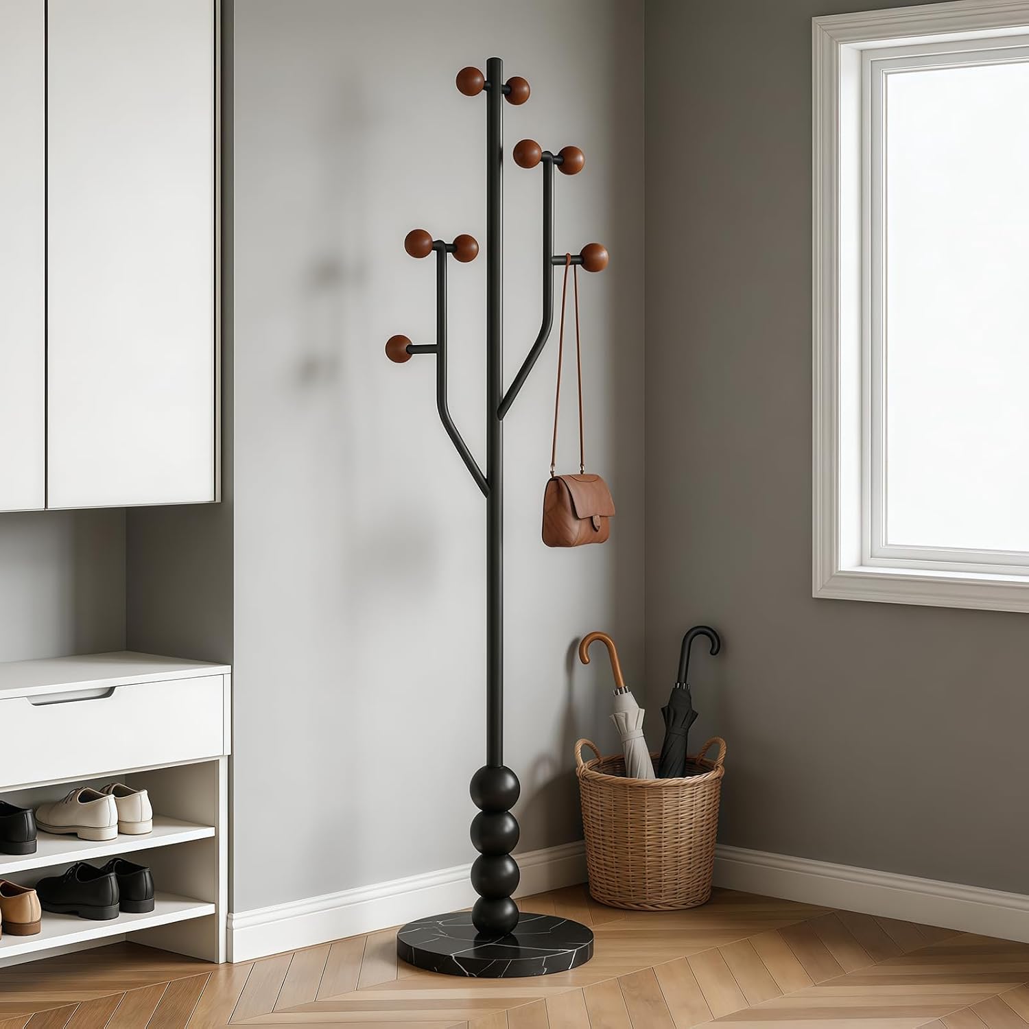 Freestanding Mid-Century Modern Tree Coat Rack | Freestanding metal rack with black marble base & wood spherical hooks for entryway, bedroom, living room