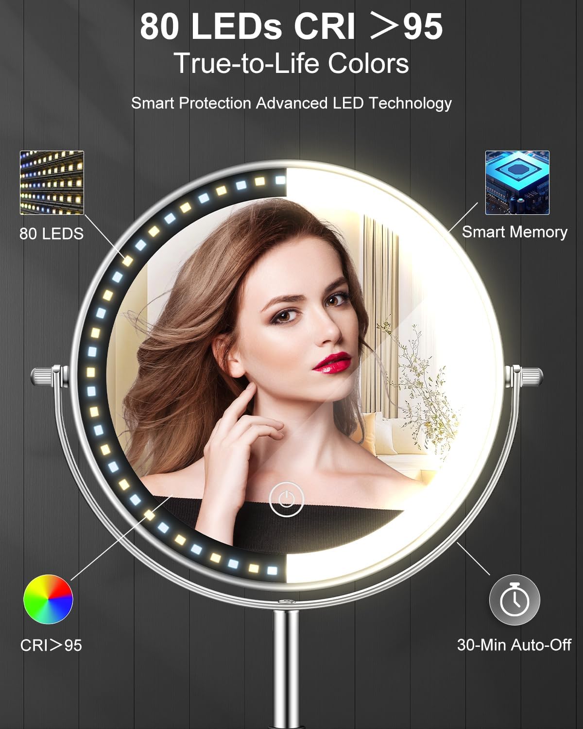 vpu Makeup Mirror with Lights, 1X/30X Lighted Magnifying Mirror Height Adjustable, 3000mAh Rechargeable Double Sided Vanity Mirrors with 3 LED Lighting and Adjustable Brightness for Desk Women Gift