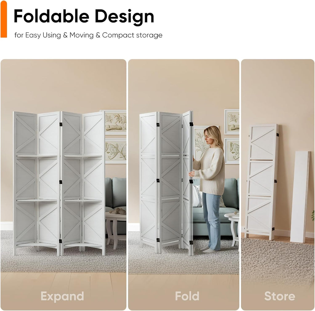 Modern Room Divider with Shelves, White X-Shape Design Folding Partition, 8-Panel Contemporary Freestanding Divider for Bedroom&Office, 67" H x 125.6" W(Two Independent 4-Panel partitions)