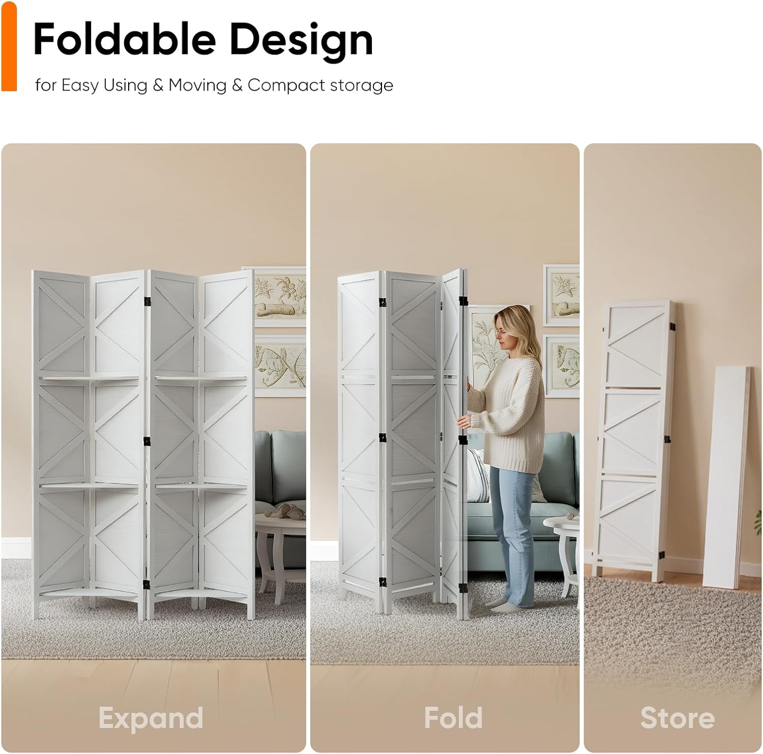 Modern Room Divider with Shelves, White X-Shape Design Folding Partition, 8-Panel Contemporary Freestanding Divider for Bedroom&Office, 67" H x 125.6" W(Two Independent 4-Panel partitions)