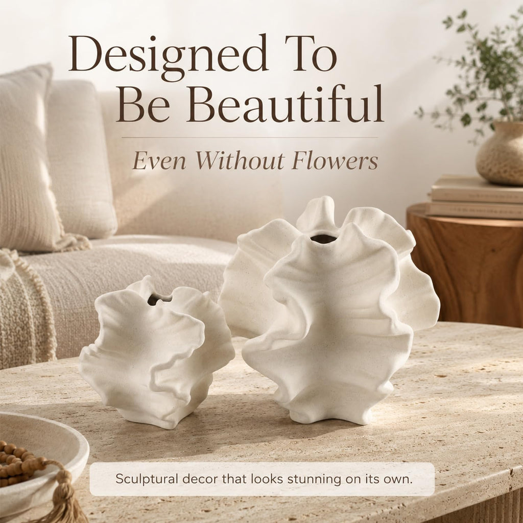 White Coral Vase Set of 2, Rustic Ceramic Flower Vase, Boho Farmhouse Coastal Charm Style, Decorative Pampas Vases for Home Living Room, Kitchen, Coffee Table, Bathroom, Shelf, Entryway & Fireplace