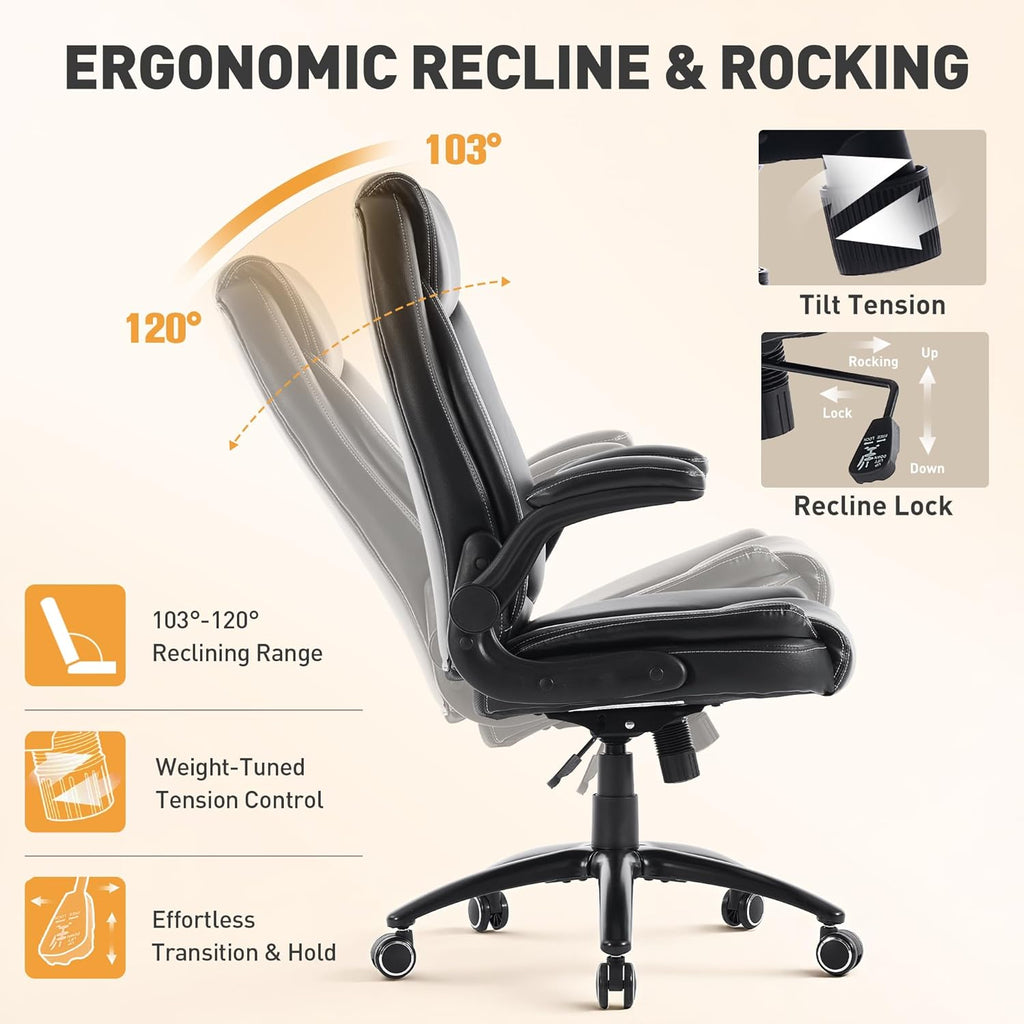 MALOL 300LBS PU Leather High-Back Executive Office Chairs, Heavy Duty Home Ergonomic Computer Chair Flip-Up Armrests & Reclining Backrest, Black