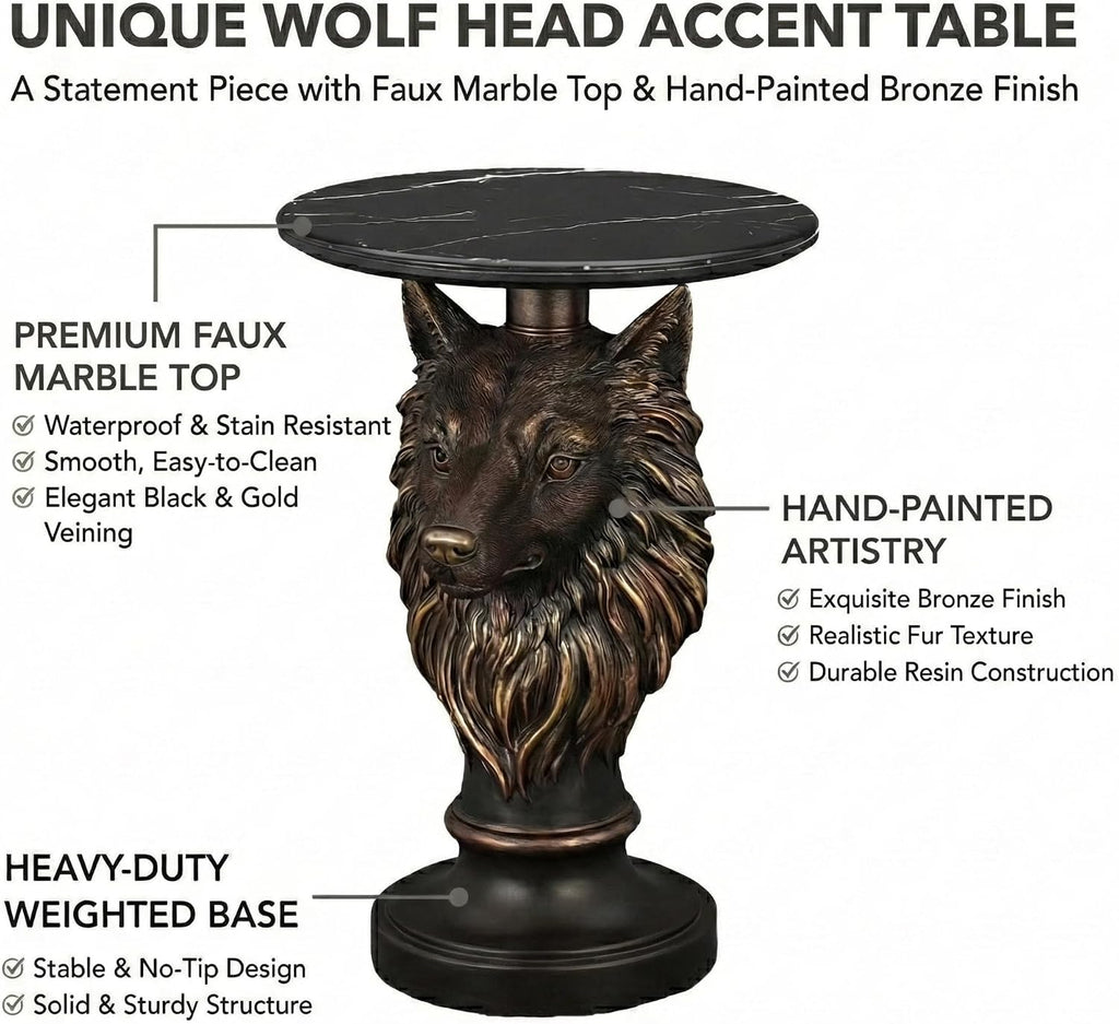 18" Wolf Head Sculptured Side Table,Round Side Table with Bronze Finish,Modern End Tables with Marble Top,Corner Accent Tables for Living Room,Entryway,Reading Nook,Easy Assembly