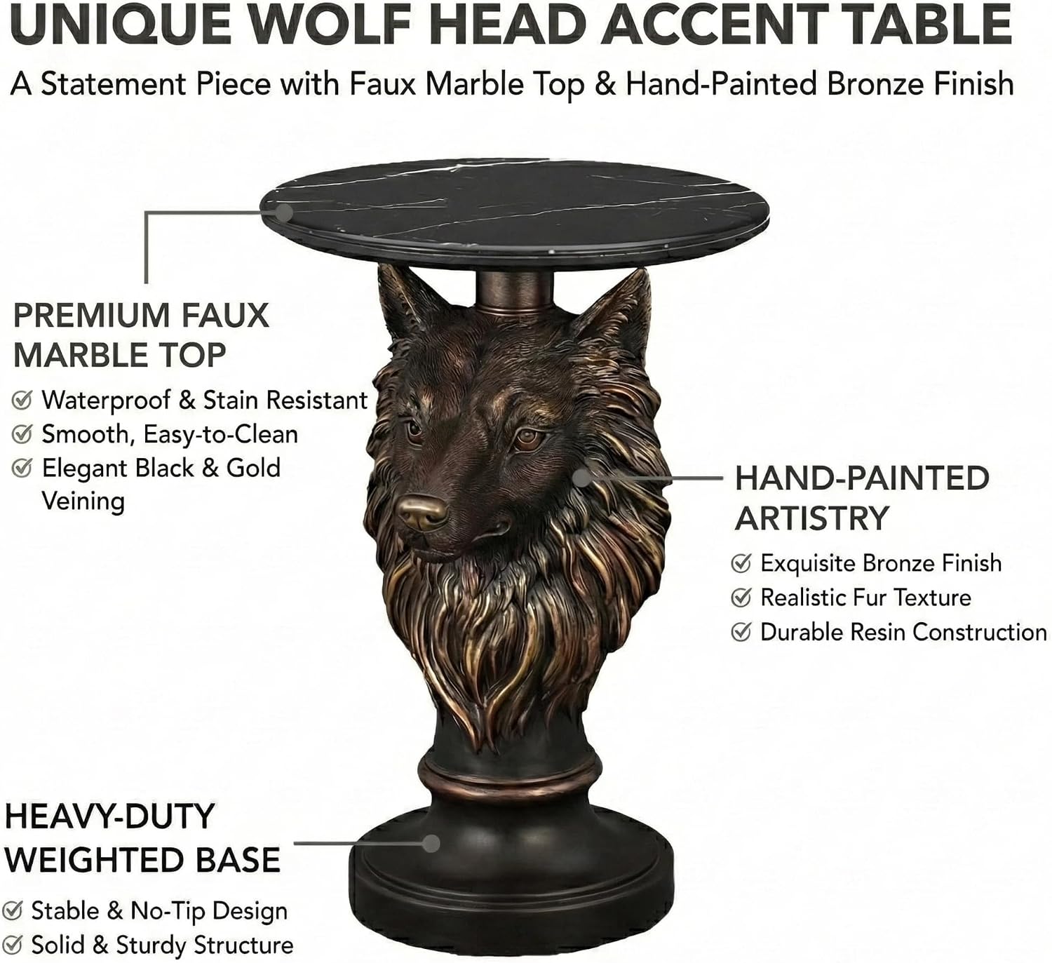 18" Wolf Head Sculptured Side Table,Round Side Table with Bronze Finish,Modern End Tables with Marble Top,Corner Accent Tables for Living Room,Entryway,Reading Nook,Easy Assembly