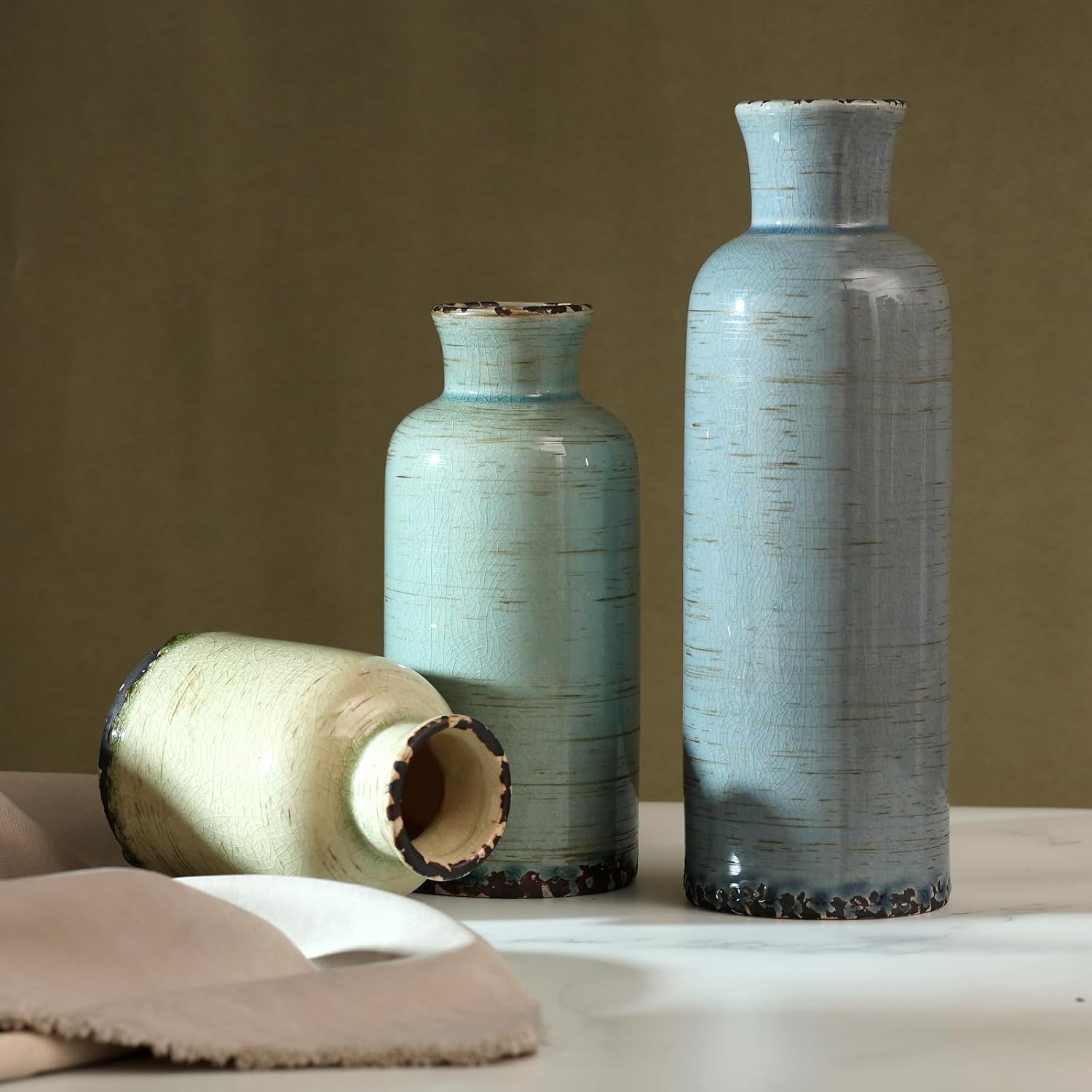 Ceramic Vase Set of 3, Vintage Glaze, Available in Three Simple Colors and Sizes, Elegant Home Decor for Living Room, Bedroom, Office, and Table Centerpieces (Multi-Gray-Blue)