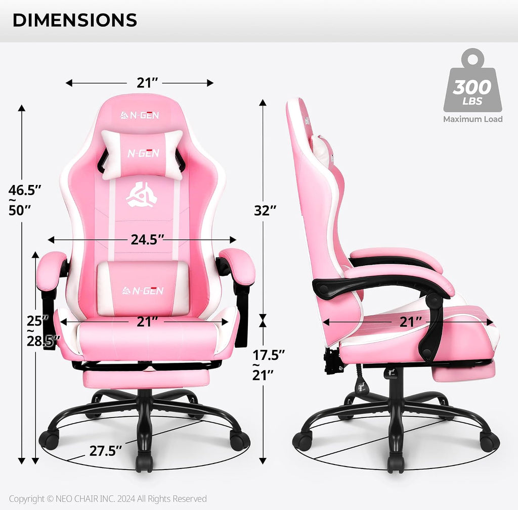 N-GEN GAMING Video Gaming Chair with Footrest Lumbar Support for Home Office High Back Recliner Height Adjustable Ergonomic Comfy Leather Computer Desk Chair (Leather Pink)