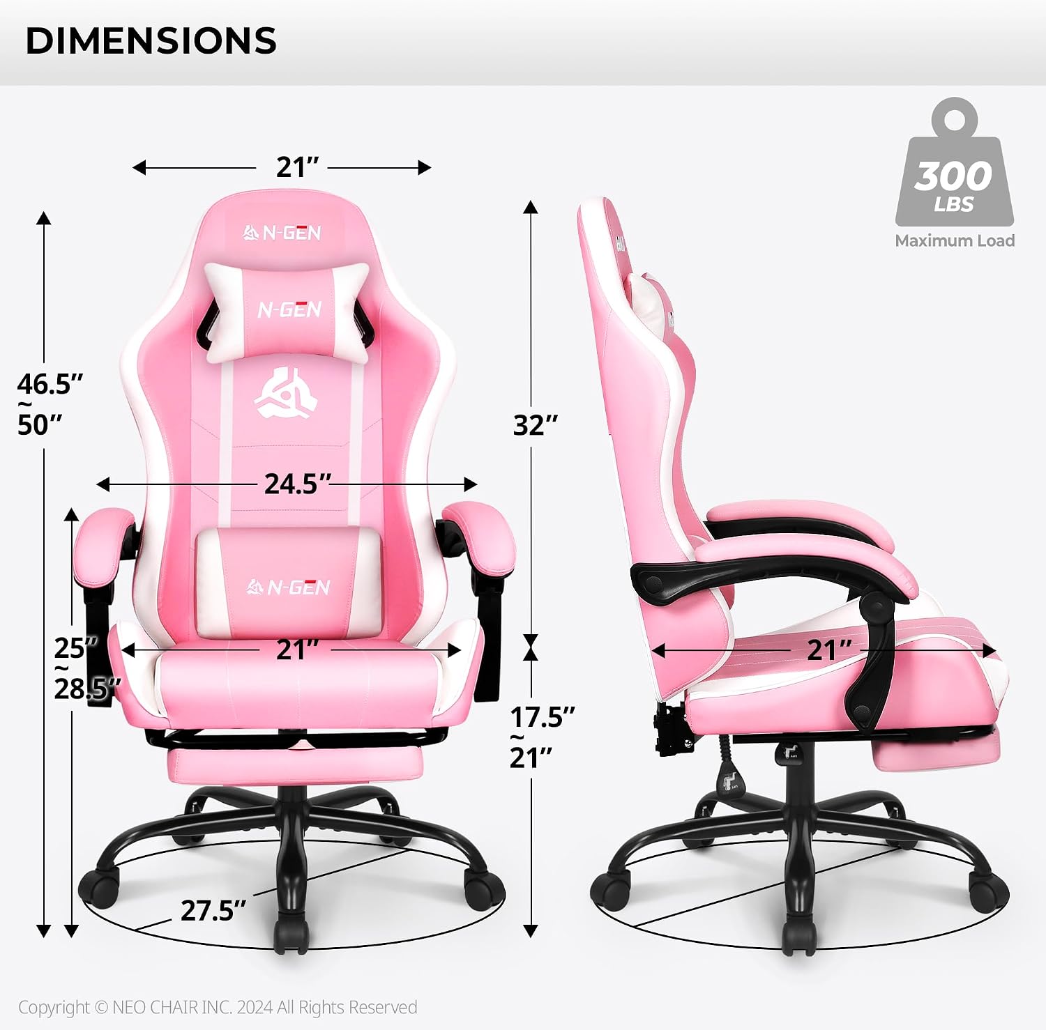 N-GEN GAMING Video Gaming Chair with Footrest Lumbar Support for Home Office High Back Recliner Height Adjustable Ergonomic Comfy Leather Computer Desk Chair (Leather Pink)