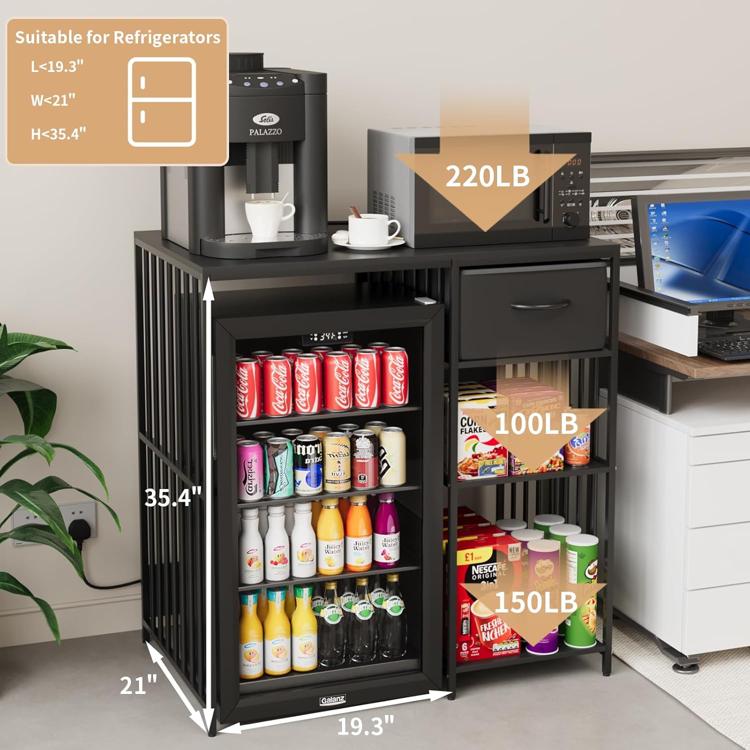 VOWNER Mini Fridge Cabinet with Power Outlet, 3-Tier Industrial Style Kitchen Microwave Stand Baker Rack with Drawer, Utility Storage Shelf for Home Kitchen Dorm Office, Black, 35" Lx22 Wx37 H