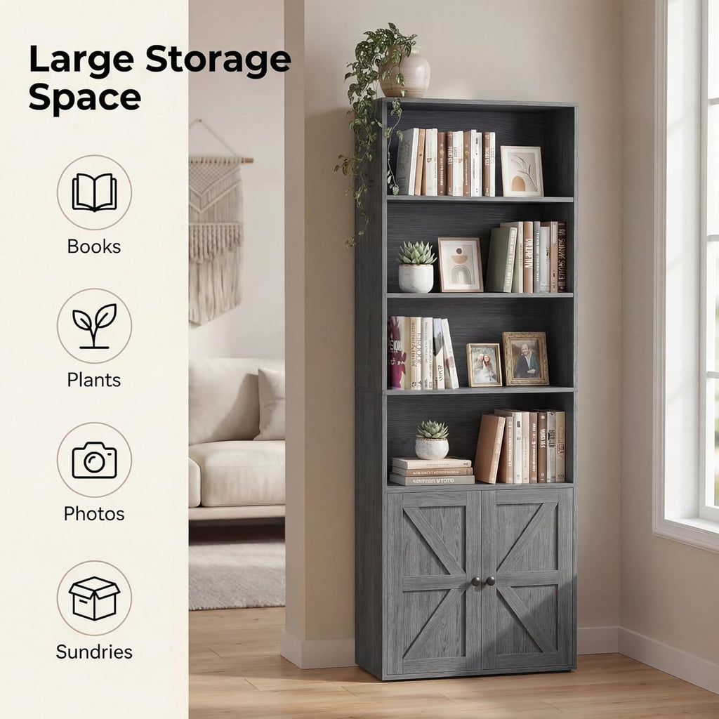 YESHOMY Farmhouse Bookshelf and Bookcase with Storage, 71.5" Tall Industrial Bookshelves and Bookcases with Doors, 4-Tier Floor Standing Tall Display Cabinet for Home Office, Living Room, Gray, 1 PCS