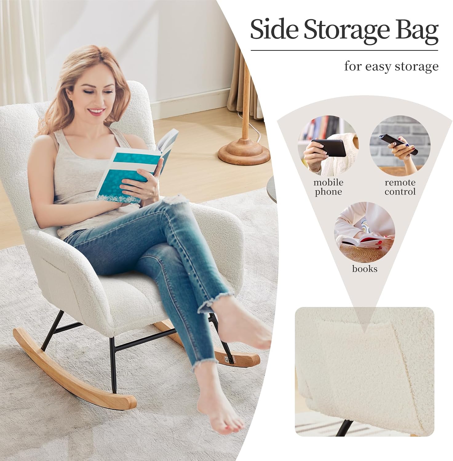 IDEALHOUSE Modern Nursery Rocking Chair, 300lbs Support Teddy Upholstered Glider Rocker with Side Pockets, High Backrest, Armrests, Metal Legs & Wood Base for Living Room, Bedroom Office