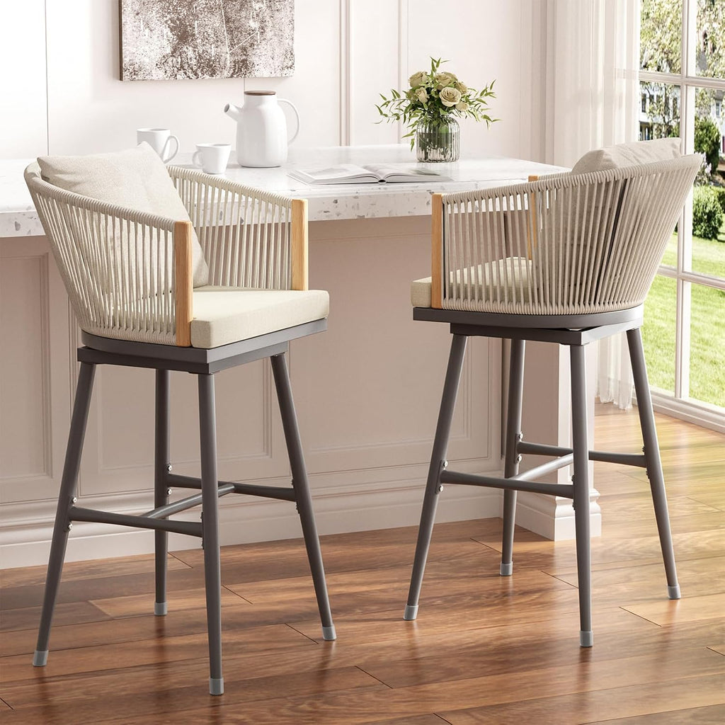 MEISSALIVVE Bar Stools Set of 2, Bar Height Bar Stools, Swivel Patio Barstools with Removable Cushion, Boho Outdoor Bar Stools with Olefin Rope Backrest for Kitchen, Garden, Balcony, Beige