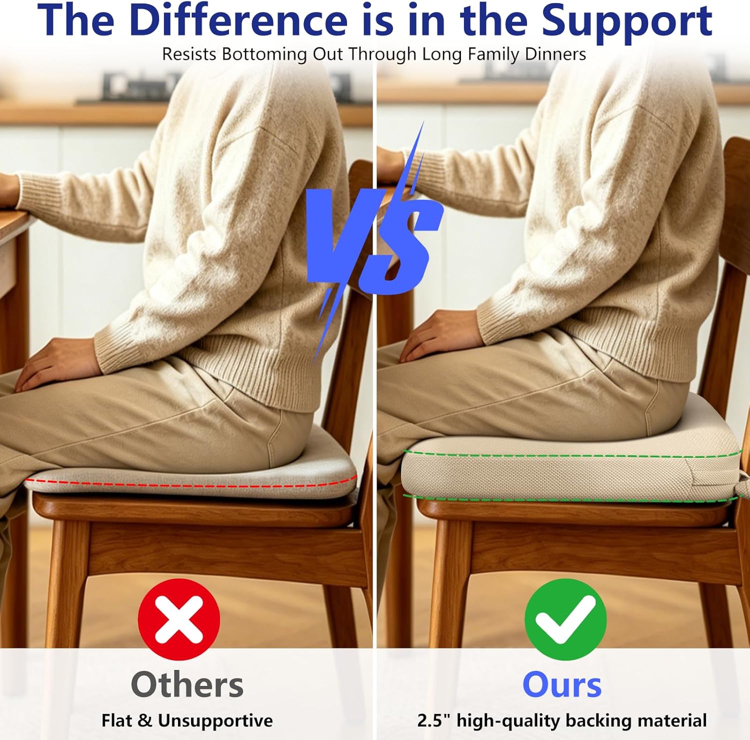 2.5" ThickChair Cushions for Dining Chairs Set of 4, D-Shaped Seat Cushions with Removable Washable Cover and Ties, Non-Slip Chair Pads for Kitchen, Indoor Dining Room, Patio Chairs (Beige)