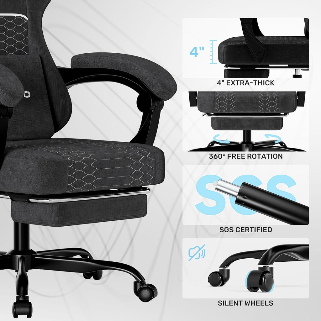 Gaming Chair with Footrest, Ergonomic Video Game Chair with Adjustable Lumbar and Headrest Massage Support, High Back Recliner Comfortable for Office, Game and Study, Black