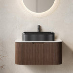 30'' Bathroom Vanities Cabinet with Sink, Wall Mounted Floating Cabinet W/Curved Edges Stripes, Oak Plywood, Soft-Close System with a Drawer, Black Rectangular Ceramic Basin - Kiel, Dark Walnut/B