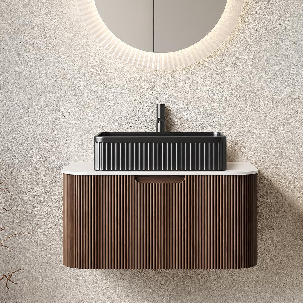 30'' Bathroom Vanities Cabinet with Sink, Wall Mounted Floating Cabinet W/Curved Edges Stripes, Oak Plywood, Soft-Close System with a Drawer, Black Rectangular Ceramic Basin - Kiel, Dark Walnut/B