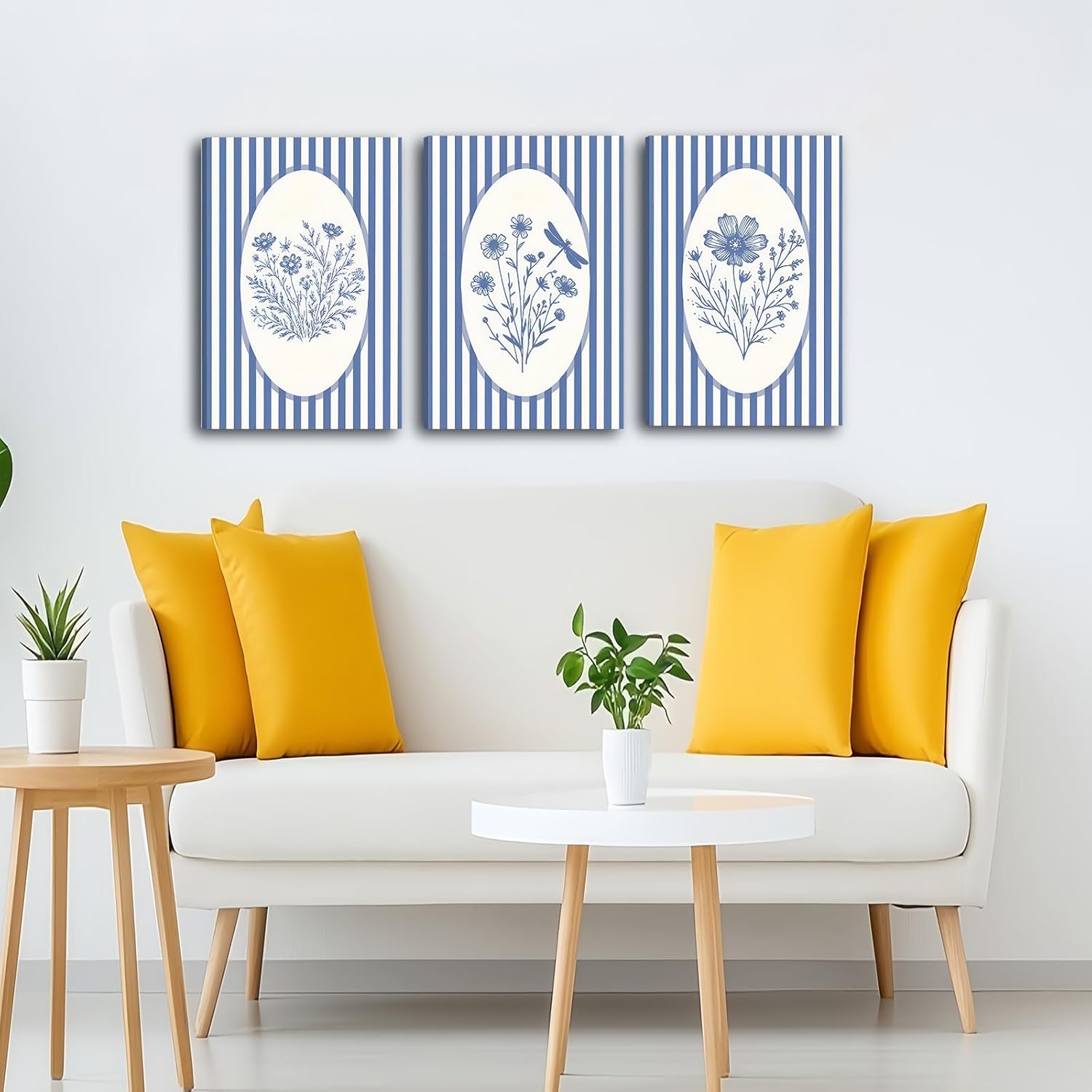 3pcs Blue Striped Floral Canvas Wall Art Minimalist Wildflower Silhouette Poster Print Rustic Farmhouse Decor For Bedroom Bathroom Living Room Office Kitchen Wall Deco( 12×18in Stretched Canvas on A Wooden Frame)