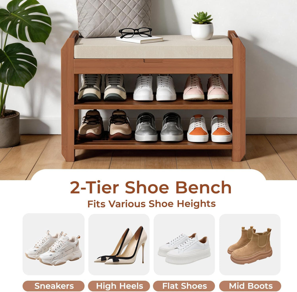 27.6" Bamboo Shoe Bench with Cushion, 2-Tier Storage Bench for Entryway, Heavy Duty Shoe Rack Organizer with Removable Soft Cushion for Living Room Bedroom Hallway