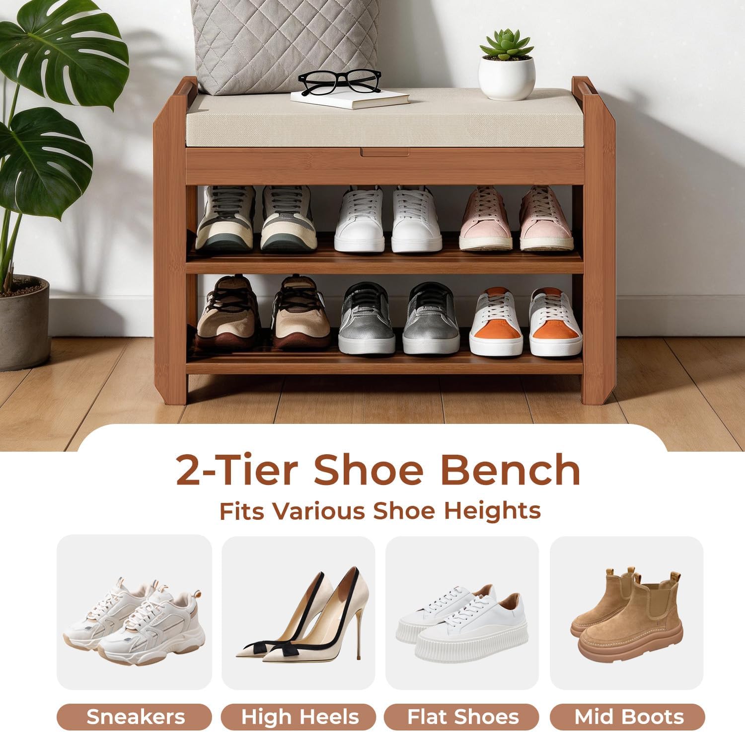 27.6" Bamboo Shoe Bench with Cushion, 2-Tier Storage Bench for Entryway, Heavy Duty Shoe Rack Organizer with Removable Soft Cushion for Living Room Bedroom Hallway