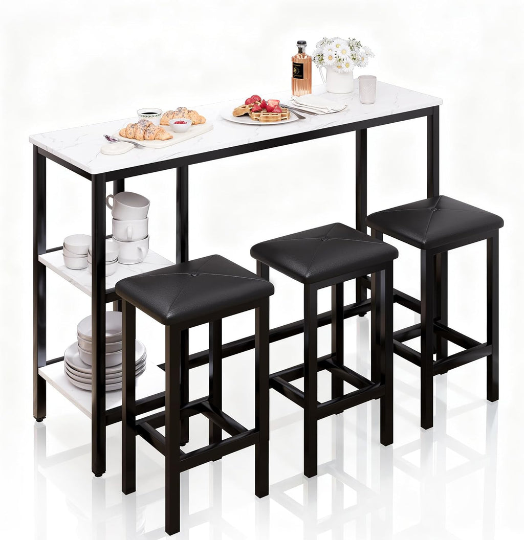 uhomepro 4-Piece Kitchen Bar Table Set with Storage Shelves - 57.1” Sofa Table with Stools, Simple Style, Easy Assembly, Perfect for Small Spaces, Restaurants, and Studio Apartments (White+Black)