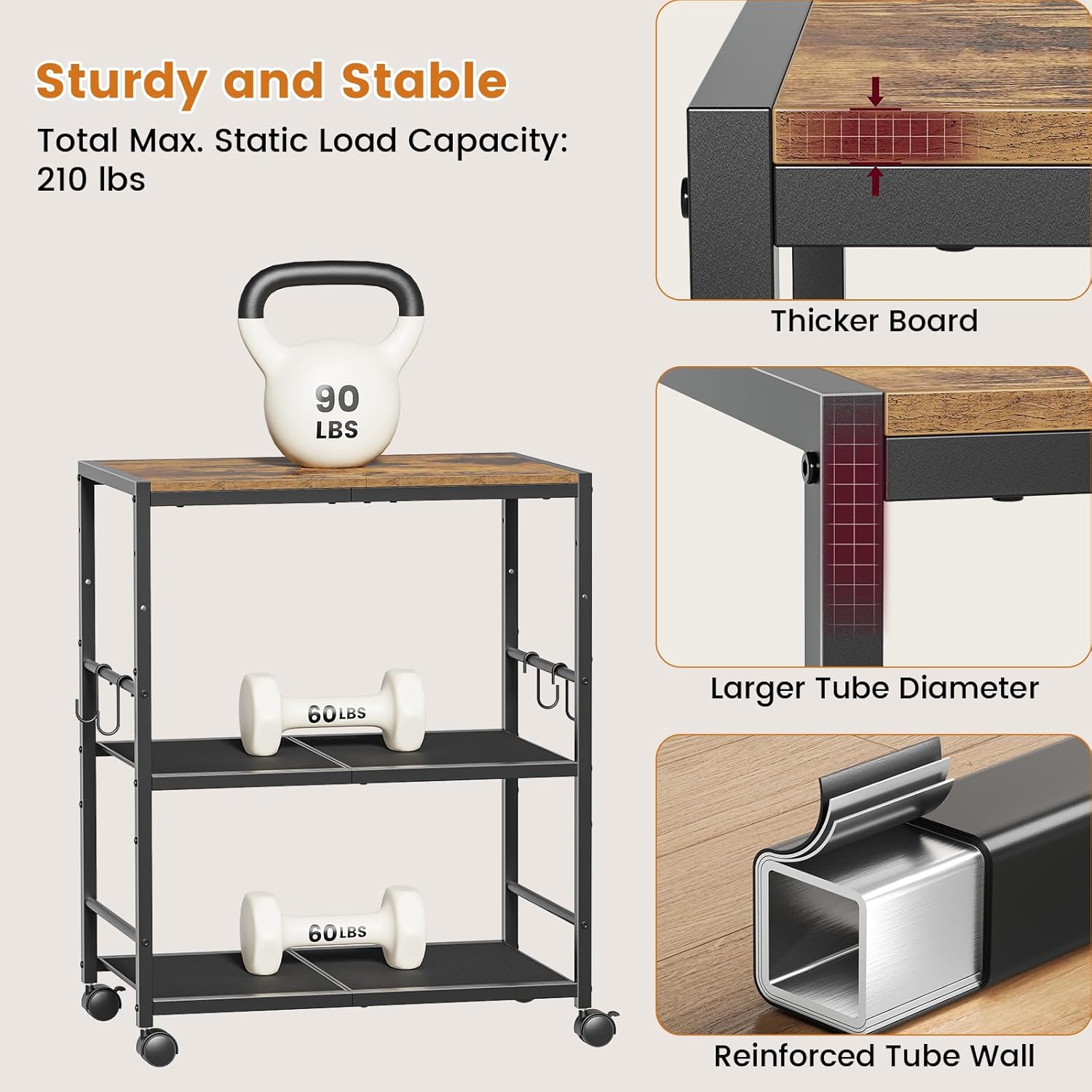 Rolling Kitchen Microwave Cart, 3-Tier Microwave Stand with Adjustable Shelf, Kitchen Storage Cart on Lockable Wheels, Coffee Bar Cart Shelf Rack Organizer for Kitchen, Living Room, Office, Balcony