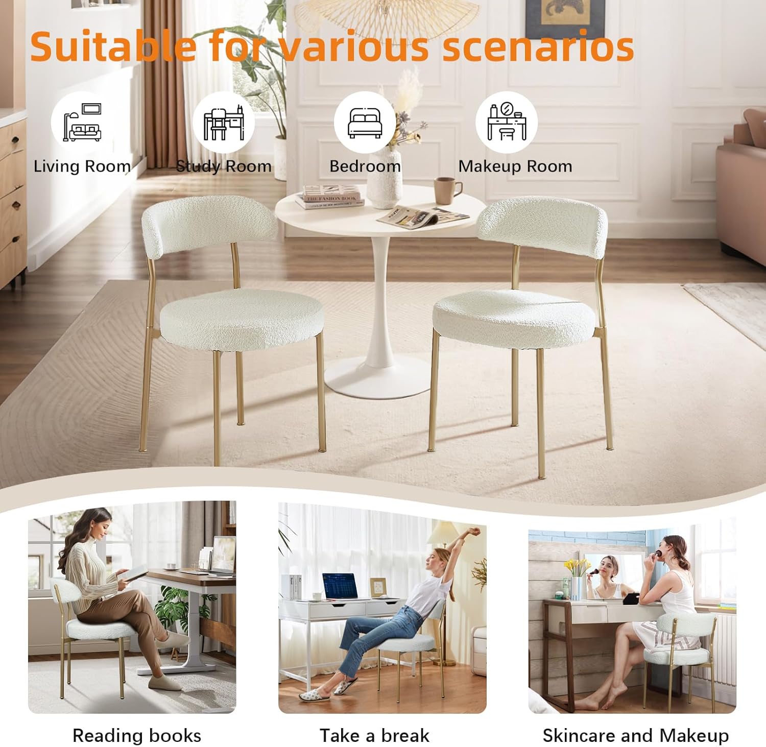 SoarFlash Dining Chairs, Beige Boucle Dining Chairs Set of 6, Kitchen Dining Room Chairs Curved Backrest Upholstered Mid Century Chair with Golden Metal Legs
