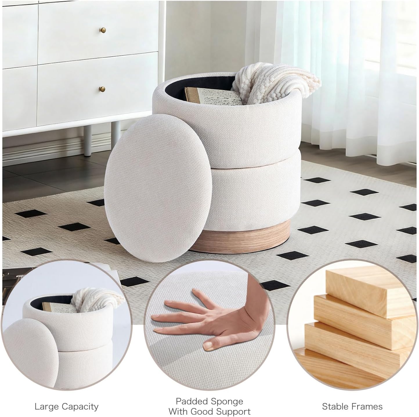Get Set Style Round Ottoman with Storage, Modern Linen Ottoman Upholstered Foot Stools with Wood Base, Vanity Stool Chair, Footrest Stool Extra Seat for Living Room Bedroom Entryway (Beige)