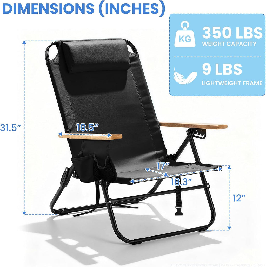 2 Pack Premium 5-Position Reclining Camping Chair - Portable Folding Lightweight Outdoor Chair with Wooden Armrests, Headrest & Pockets, 350lbs Heavy Duty for Beach, Patio, Backyard, Black