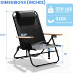 2 Pack Premium 5-Position Reclining Camping Chair - Portable Folding Lightweight Outdoor Chair with Wooden Armrests, Headrest & Pockets, 350lbs Heavy Duty for Beach, Patio, Backyard, Black