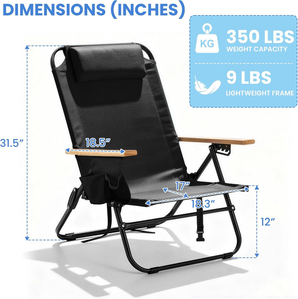 Premium Portable Camping Chair 5-Position Recliner Beach Folding Lightweight Outdoor Chair with Wooden Armrests, Headrest, Multi-Pockets Heavy Duty 350lbs, for Patio, Backyard, Black