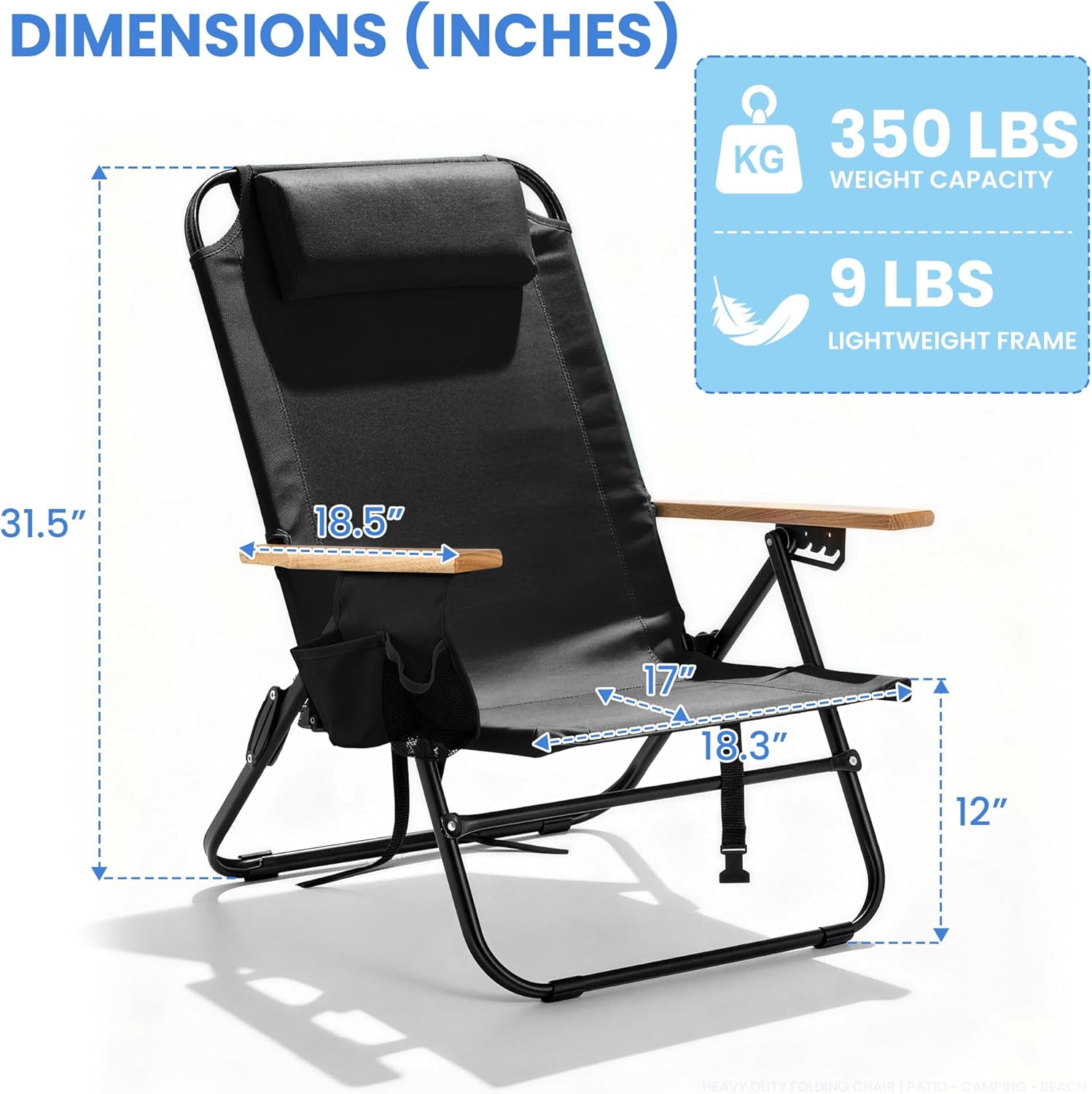 Premium Portable Camping Chair 5-Position Recliner Beach Folding Lightweight Outdoor Chair with Wooden Armrests, Headrest, Multi-Pockets Heavy Duty 350lbs, for Patio, Backyard, Black